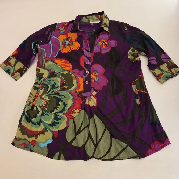 SOFT SURROUNDINGS Sadie Purple Multicolor Floral Print Cotton ¾ Sleeve Tunic 2X - Picture 7 of 11